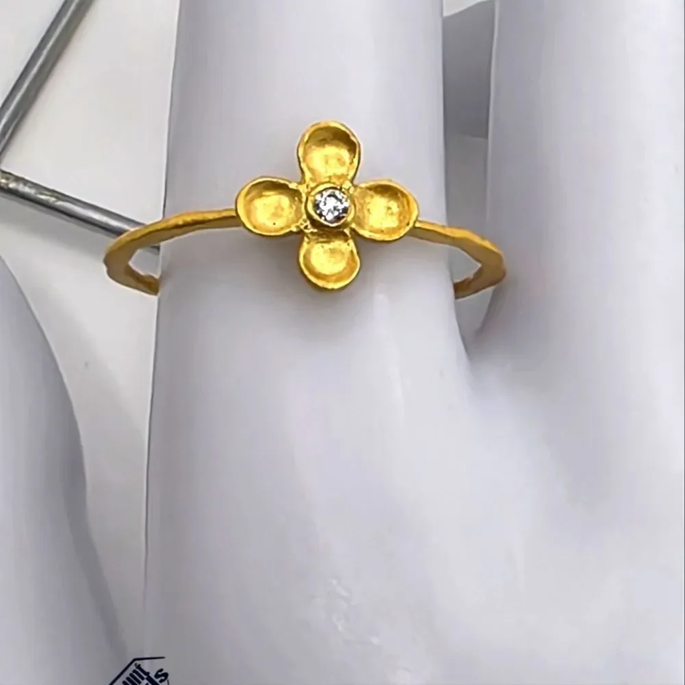 Four Petal Flower Gold Stacker Ring with Natural White Topaz Stone on 18K Gold